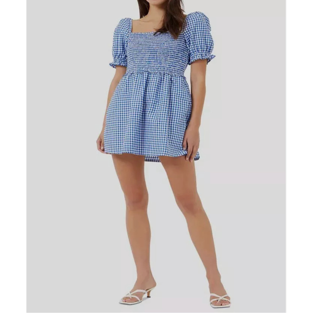 French Connection Blue Gingham Smocked Puff Sleeve Square Neck Mini Dress